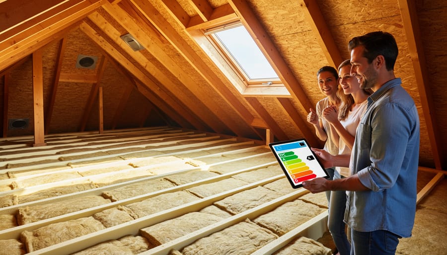Close-up view of pink fiberglass insulation installed between attic rafters