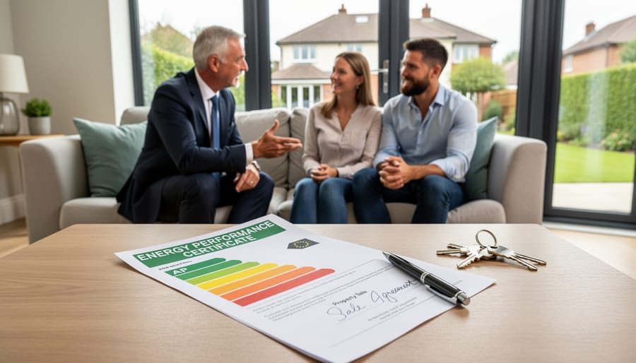 Homeowner holding Energy Performance Certificate showing property rating bands