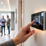 Close-up of a hand adjusting a programmable thermostat on a white wall with warm LED ceiling lights; in the blurred background, a tidy living room and two prospective buyers with a clipboard evaluate the home.
