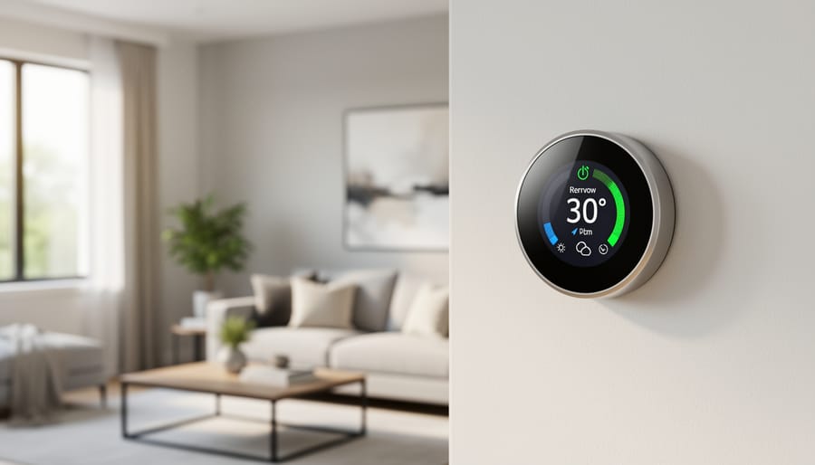 Modern programmable thermostat installed on wall in contemporary home interior