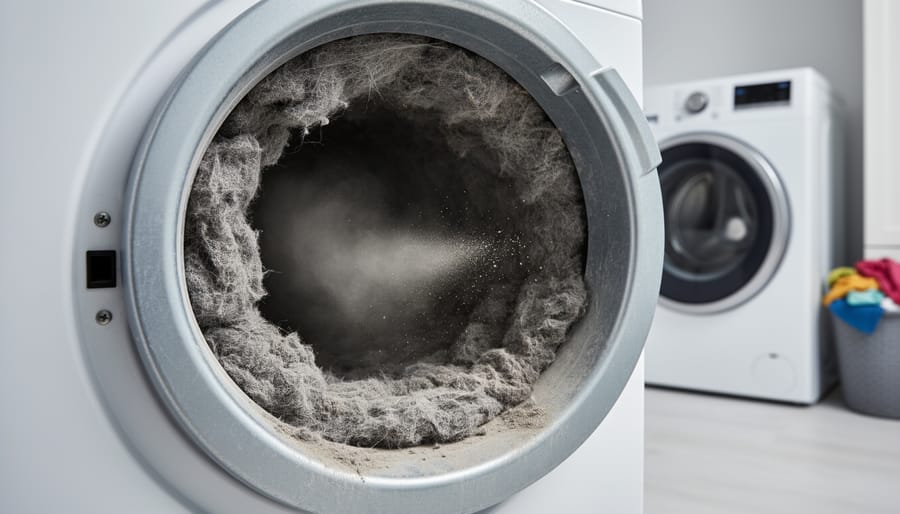 Close-up view of lint buildup inside a dryer vent duct