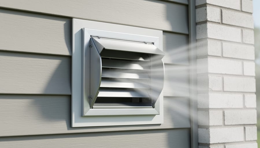 Exterior dryer vent hood on house wall with open flap showing clear airflow