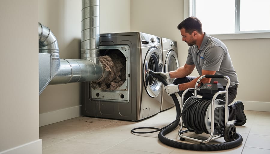 Professional technician cleaning dryer vent with specialized brush tool