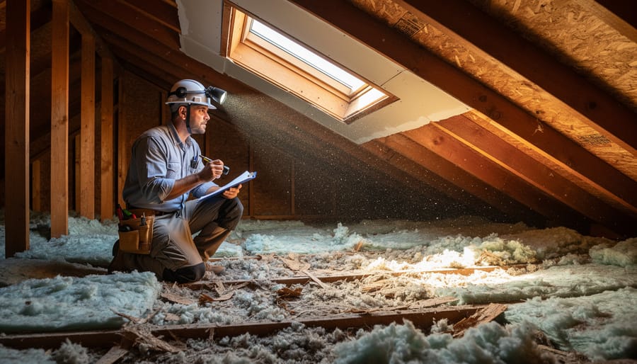 Close-up of hand revealing gaps in residential attic insulation