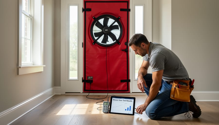 Blower door diagnostic equipment installed in residential doorway during energy audit