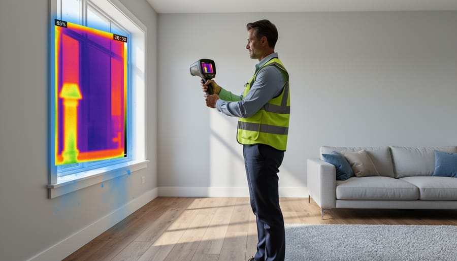 Energy auditor holding thermal imaging camera while inspecting home exterior wall