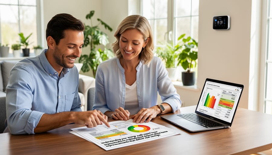 Couple reviewing home energy audit report together at kitchen table
