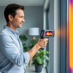 Energy auditor using a handheld infrared thermal camera to inspect a window frame in a modern living room, with soft natural light and a blurred couch and plants in the background.