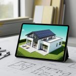 Energy-efficient home design concept on a drafting setup with a modern exterior featuring large high-performance windows, paired with building components in a softly blurred background.