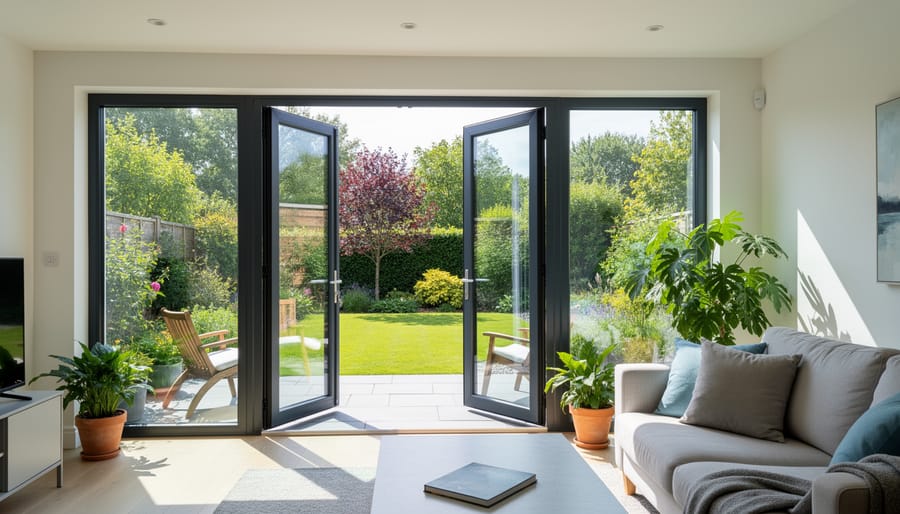 Modern home façade featuring energy-efficient windows and an insulated front door in soft daylight.