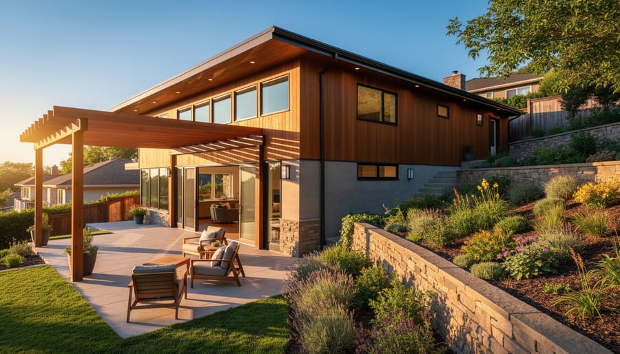 House site at golden hour showing sun and shadow patterns across the roof area and surrounding landscape.