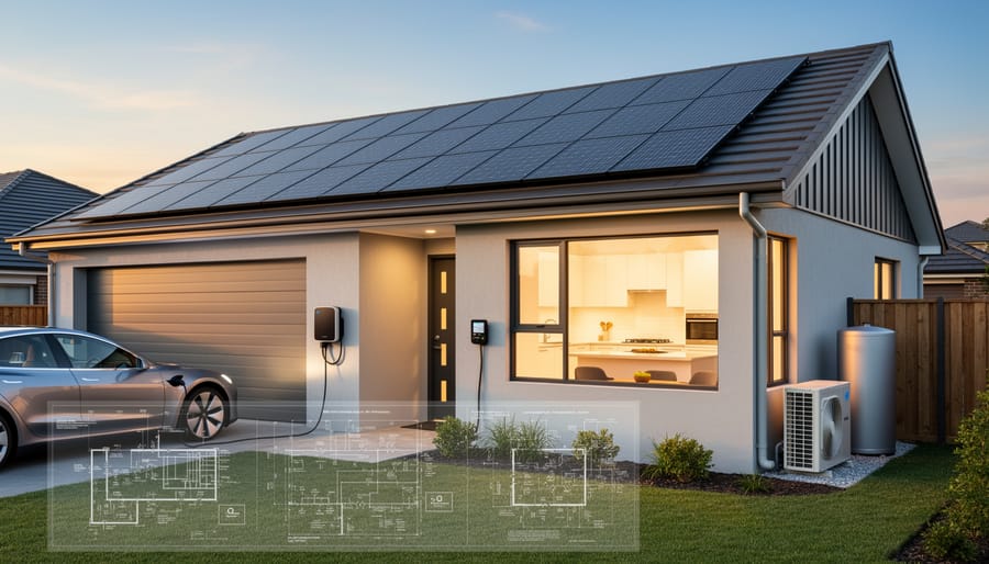 Solar panels on a residential roof with an EV charging station near the driveway under bright daylight.