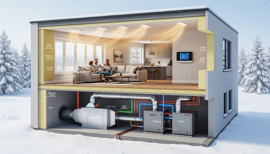 Close-up of compact heat pump and ventilation equipment in a clean residential mechanical room.
