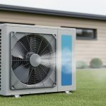 Modern heat pump outdoor unit installed beside a home in a backyard, shown in soft overcast daylight.