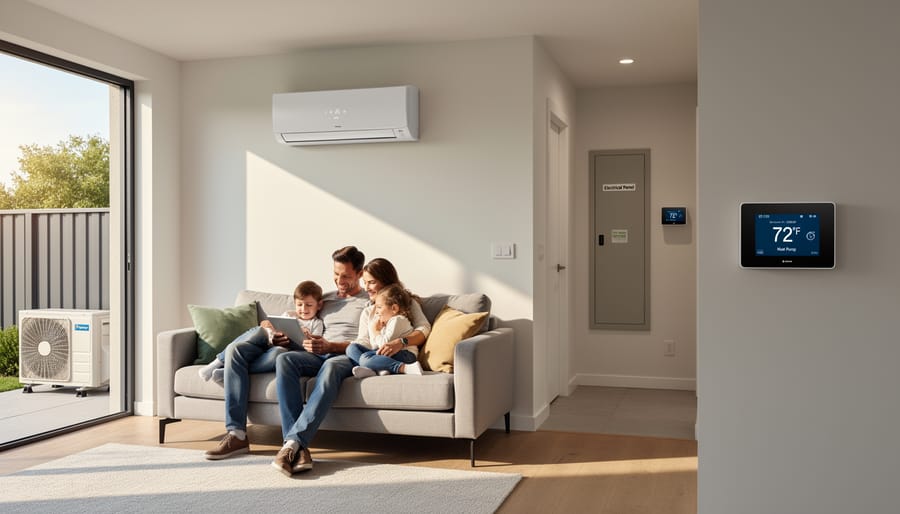 Homeowner standing in a living room next to a wall-mounted mini-split heat pump indoor unit.