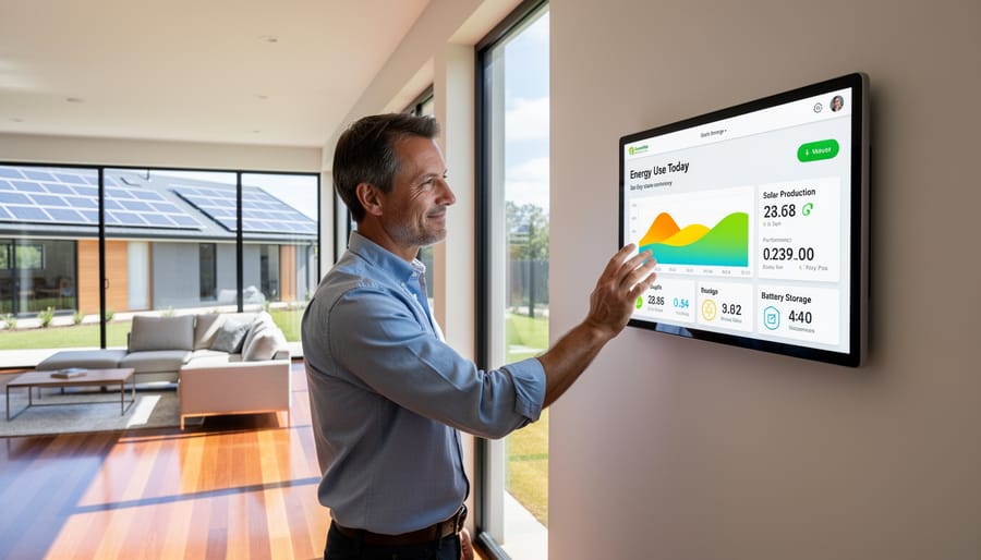 Homeowner using a smartphone for energy monitoring inside a bright, modern home near an indoor control panel.