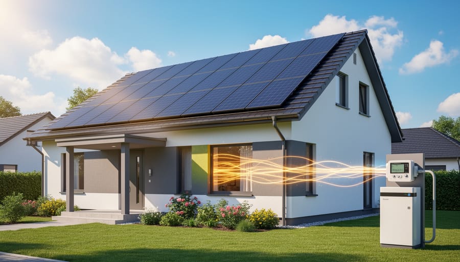 Low-angle view of residential rooftop solar panels under bright sunlight.
