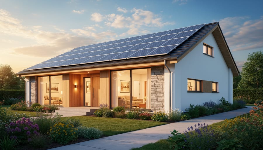 Modern zero energy, style home with rooftop solar panels and warm interior lighting at golden hour.