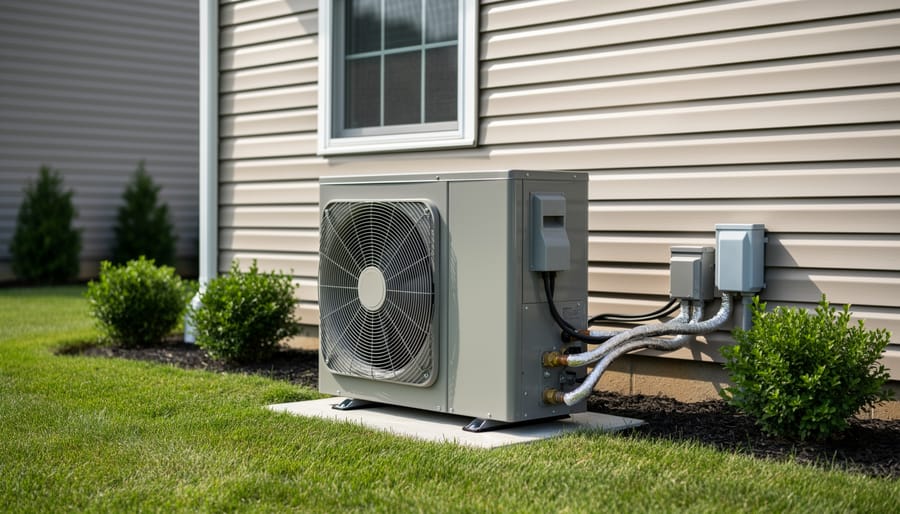 Outdoor heat pump condenser unit installed on a concrete pad beside a home yard.