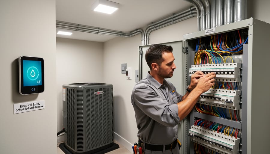 Technician and homeowner inspecting an outdoor heat pump unit during service.