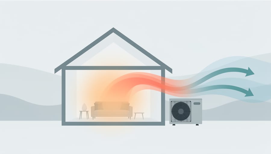 Warm air flowing from a home heating vent in a hallway with a soft glow.