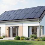 Modern zero energy home exterior with rooftop solar panels under soft daylight and greenery in the background.