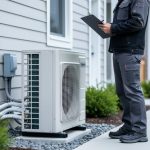 Technician standing beside a modern heat pump outdoor unit installed outside a residential home under soft natural daylight.