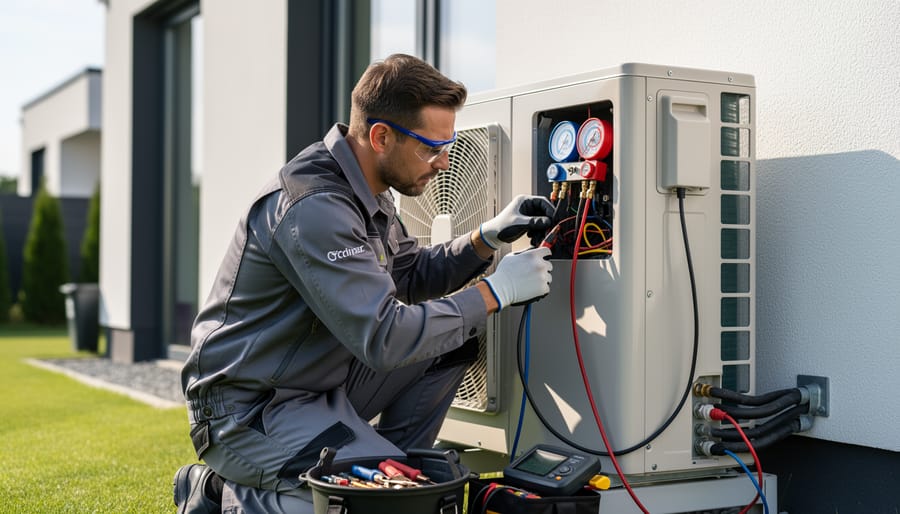 HVAC technician inspecting wiring and service panel on an outdoor heat pump unit.