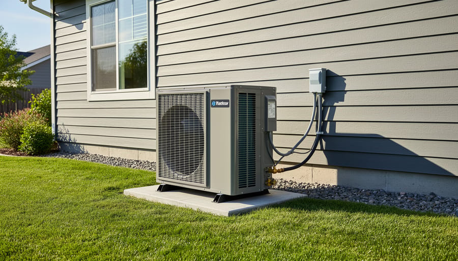 Outdoor air-source heat pump unit installed beside a residential home.