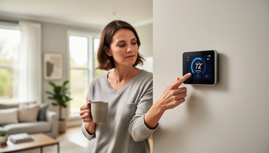 Homeowner standing by a thermostat and nearby heating and cooling equipment in a utility room.