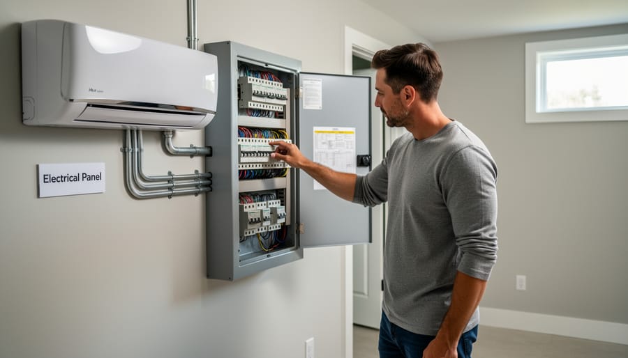 Homeowner near an electrical panel in a utility room associated with heating equipment