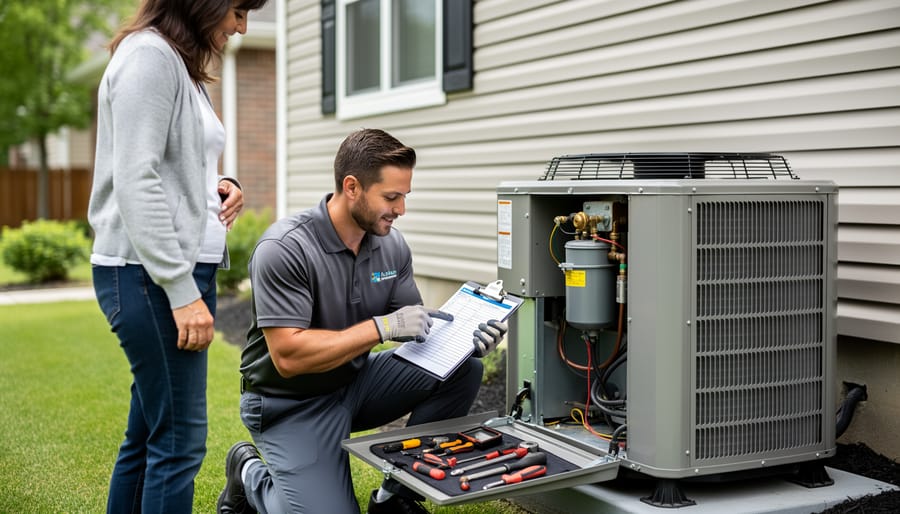 HVAC technician kneeling and servicing a residential heat pump outdoor unit