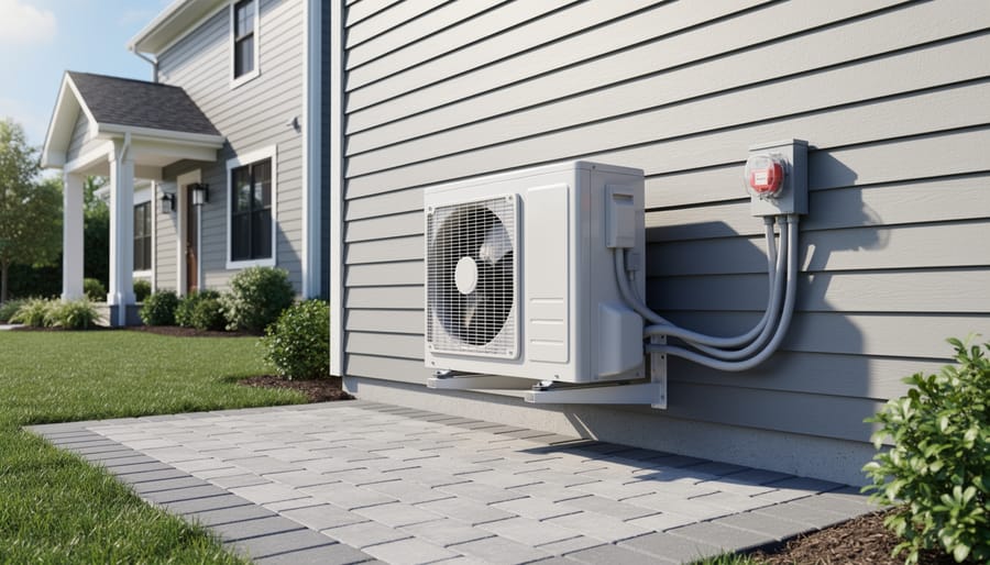 Residential heat pump outdoor unit installed beside a home exterior